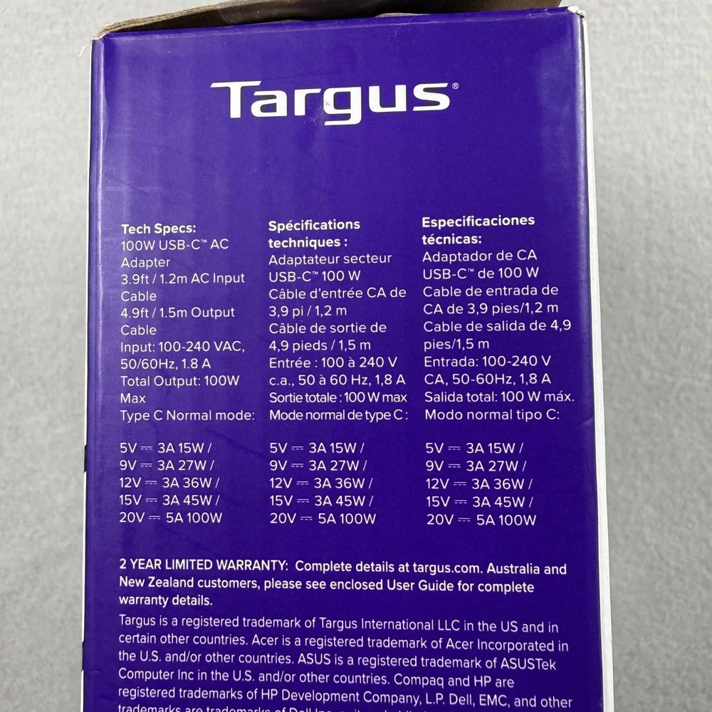 Targus Universal Charger Laptop 100W‎ APA107 USB-C & Legacy Tips Black Open Box